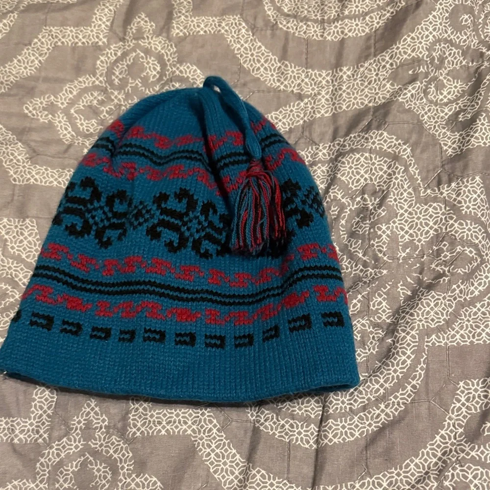 Kids Teal Knit Pom Tassel Hat with Patterned Accent